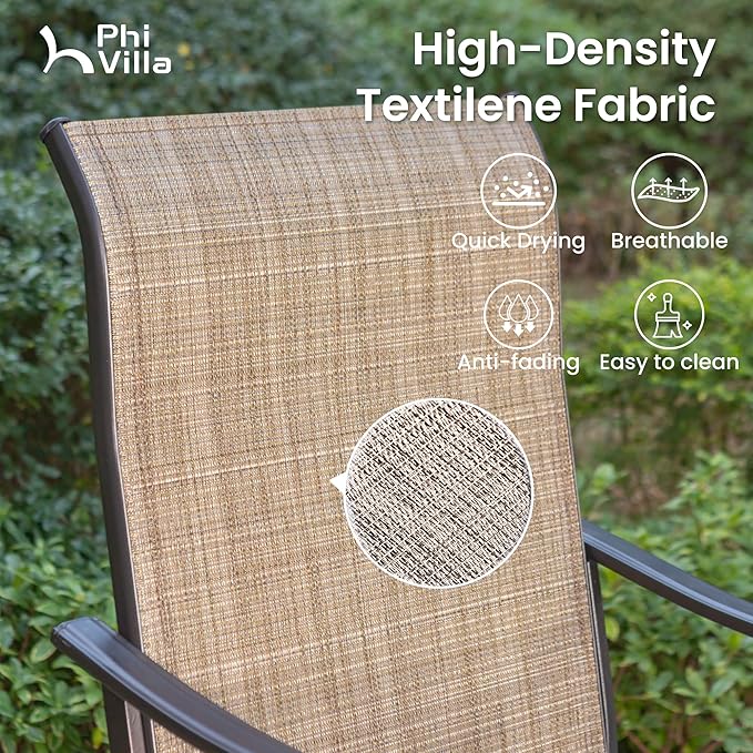 PHI Villa Outdoor Swivel Bar Stools Set of 2, Counter Height Patio Chairs with Waterproof Textile Fabric Brown, Rustproof Metal Frame & Circular Footrest for Poolside, Garden, Yard