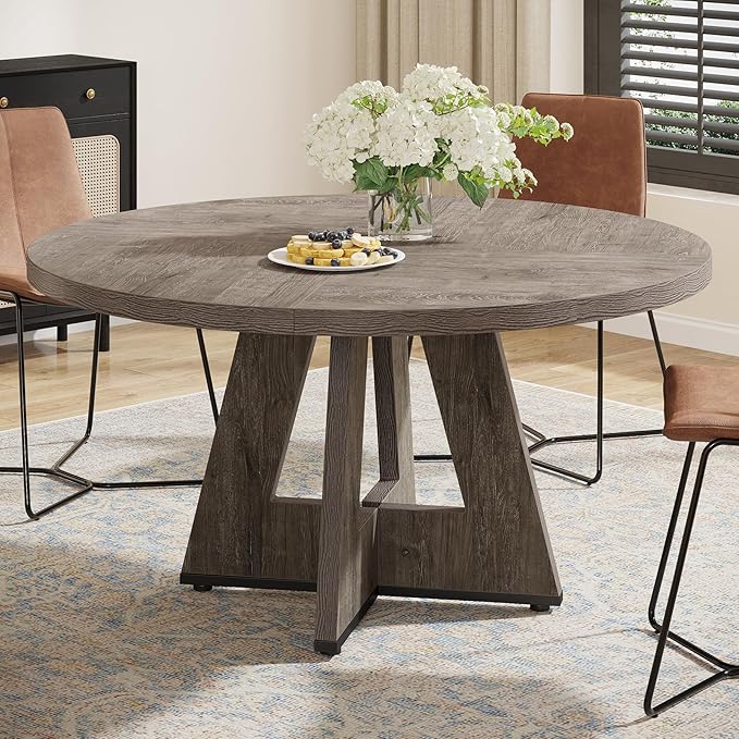 Tribesigns Round Dining Table for 4, 47 inch Farmhouse Circle Kitchen Table with Wooden Pedestal Base for Kitchen, Dining Room, Living Room (Grey)