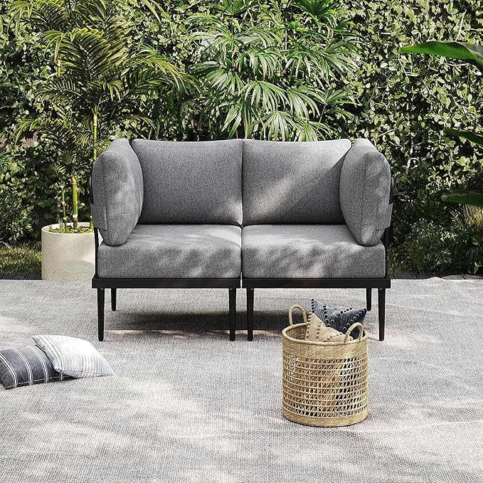 Sundale Outdoor 2 Pieces Metal Patio Furniture Set, Outdoor Sectional Sofa w/6 Inch Olefin Cushion, Modern Outdoor Conversation Sets