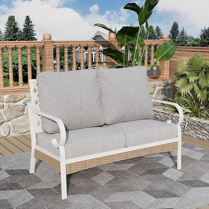 Patio Furniture Sofa, Love-Seat Patio Sofa Steel Frame Outdoor Sectional Couch with Deep Seating and 5.5” Cushions for Lawn Backyard Porch Deck, Light Gray