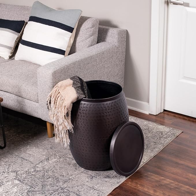 BIRDROCK HOME Iron Storage Side Table - Rustic Woven End Table with Removable Lid - Circle Barrel Accent Furniture for Living Room, Indoor, or Outdoor Use - 15.94" Dx 20" H - Oil Rubbed Bronze