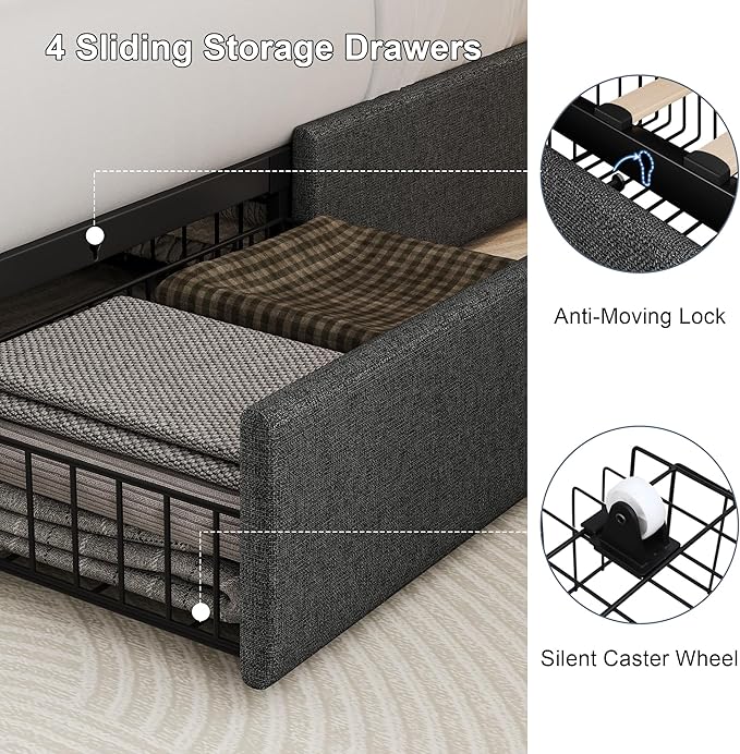 King Size Upholstered Platform Bed Frame with 4 Storage Drawers and Charging Station, Linen Button Tufted Wingback Headboard, Sturdy Wooden Support Slats, No Box Spring Needed, Dark Grey