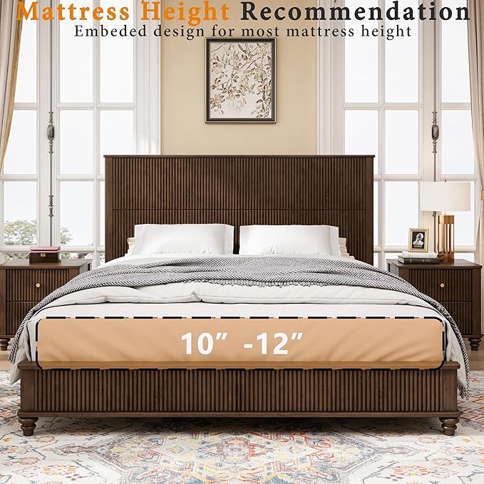 King Size Solid Wood Platform Bed Frame, Solid Wood Bed with 79.13" Headboard, Solid Wood Leg/No Box Spring Needed/Noise Free/Brown