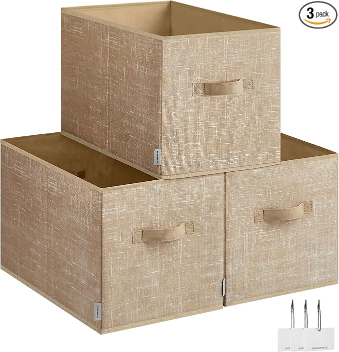 SONGMICS Storage Cubes, 19.7 x 11.8 x 11.8 Inches Non-Woven Fabric Bins with Double Handles, Set of 3, Closet Organizers for Shelves, Foldable, for Clothes, Sand Beige UROB450K01