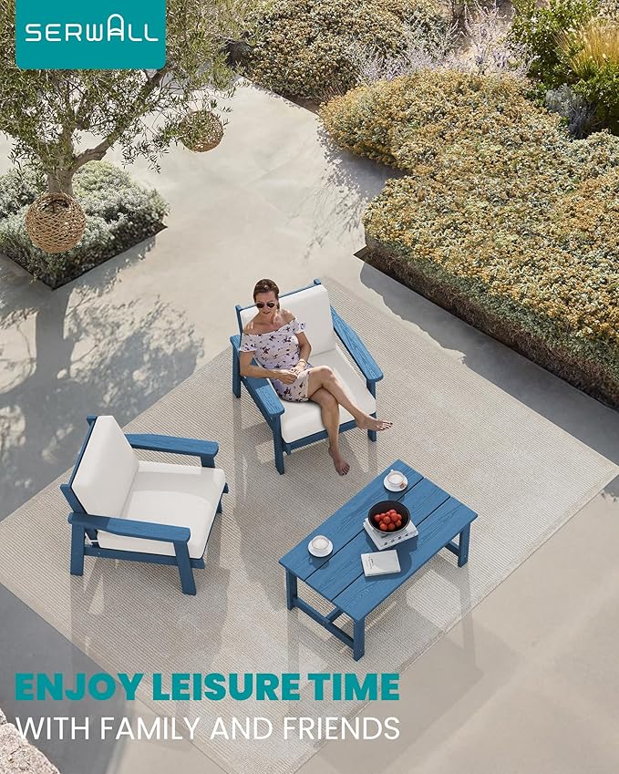 SERWALL HDPE Outdoor Couch, Blue Frame and Khaki Cushion