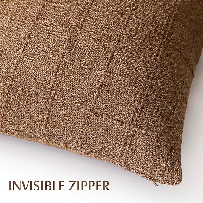 Foindtower Set of 2 Decorative Linen Check Throw Pillow Covers Neutral Farmhouse Vintage Cushion Covers Modern Boho Home Decor for Sofa Chair Couch Bedroom Living Room,18×18 Inch,Brown Hazel