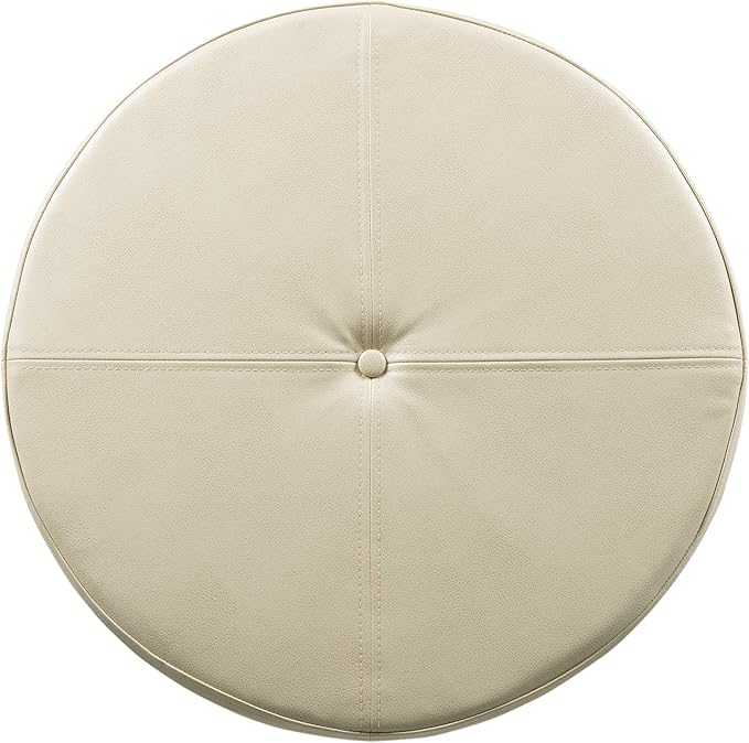 HomePop Large Leatherette Round Storage Ottoman with Removeable Lid, Cream Faux Leather