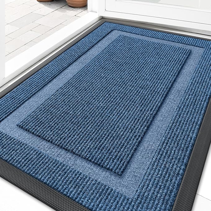 OLANLY Front Door Mat Indoor Outdoor Entrance, Waterproof All-Season, All-Weather Doormat, Sturdy Natural Rubber, Fade Resistant, Low Profile, Easy Clean Patio Porch Entryway Mat, 71x47, Light Blue