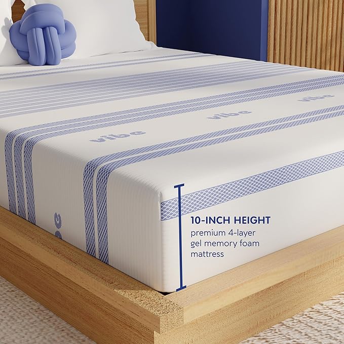 Vibe Gel Memory Foam Mattress, Fiberglass Free 10-Inch CertiPUR-US Certified Bed-in-a-Box, Full, White