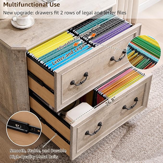 T4TREAM 34" Farmhouse Lateral File Cabinet for Home Office, Large 2-Drawer Wood Filing Cabinet w/Smooth Rails, Fits Letter/Legal Files, Storage Cabinet w/Framed Drawer Front Design, Light Rustic Oak