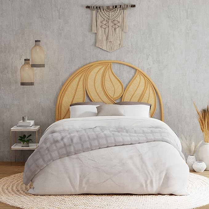 Kouboo Palm Springs Rattan Headboard for California King Size Beds Natural Boho Farmhouse Style with Intricate Palm Leaf Pattern and Arch Perfect for Coastal Beach Bedroom 72 in Wide from