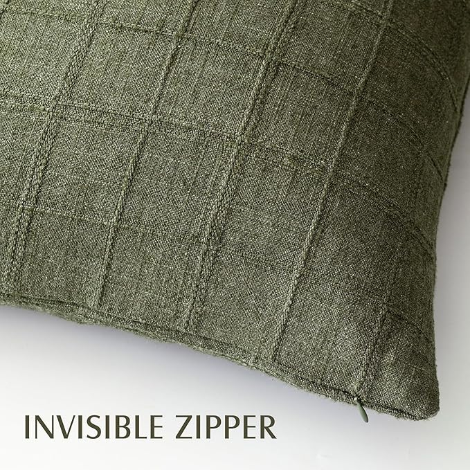 Foindtower Set of 2 Decorative Linen Check Throw Pillow Covers Neutral Farmhouse Lumbar Cushion Covers Modern Boho Home Decor for Sofa Chair Couch Bedroom Living Room,12×20 Inch,Olive Green