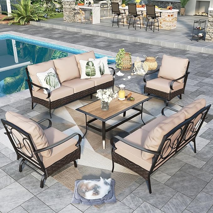 Sophia & William Patio Furniture Set, Outdoor Metal Conversation Set 7 Seats with 3-Seater Sofa, 2 Motion Chairs, 1 Loveseat, 1 Coffee Table for Seating, Lawn Porch Backyard,Beige