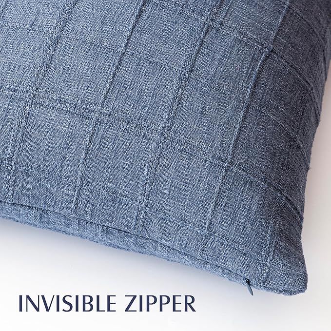 Foindtower Set of 2 Decorative Linen Check Throw Pillow Covers Neutral Farmhouse Vintage Cushion Covers Modern Coastal Boho Home Decor for Sofa Chair Couch Bedroom Living Room,16×16 Inch,Blue