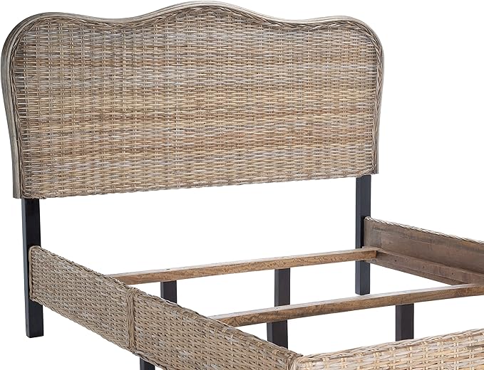 SAFAVIEH Home Collection Daejon Coastal Rattan Legs Camelback Headboard Queen Size Bed BED8001A-Q, Grey/Espresso