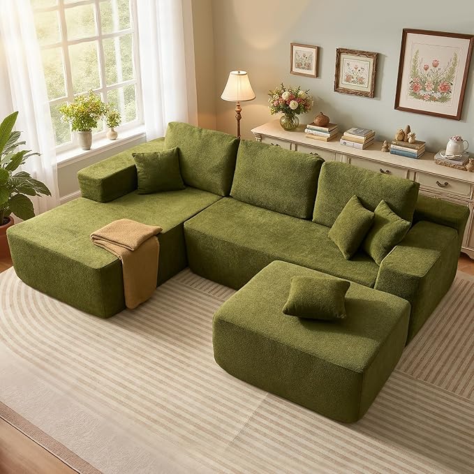 106" Cloud Sectional Couch with L-Shape Chaise & Ottoman, No Assembly Modular Sofa, Deep Seat Corduroy Boneless Couched for Living Room (Green Cloudy Velvet, Left Facing Chaise with Ottoman)
