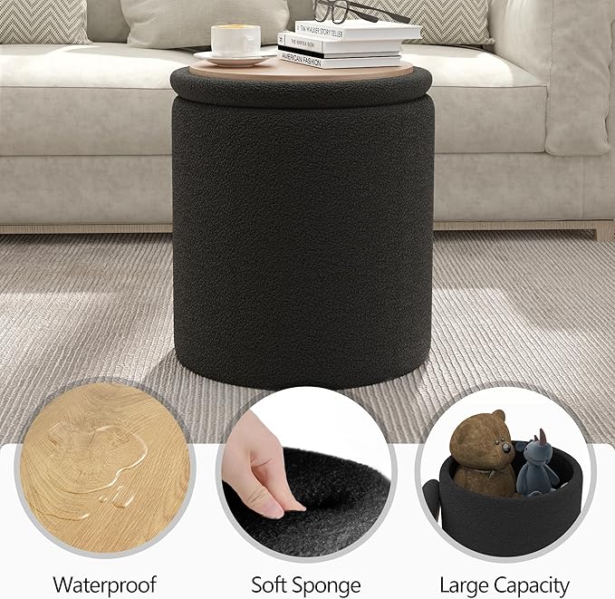 Ottoman Poufs with Storage, Set of 2 Soft Upholstered Vanity Stool,Multifunctional Ottomans Coffee Table Padded Seat Foot Rest for Living（Black, Pack of 2）