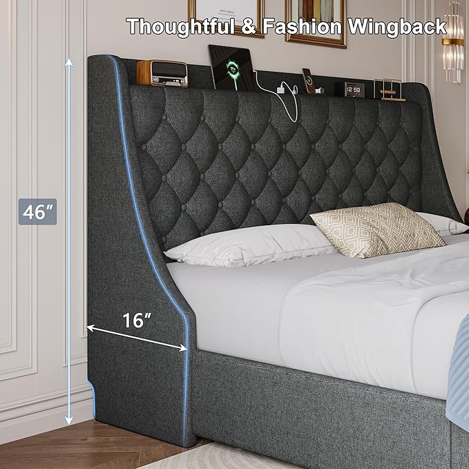 King Size Upholstered Platform Bed Frame with 4 Storage Drawers and Charging Station, Linen Button Tufted Wingback Headboard, Sturdy Wooden Support Slats, No Box Spring Needed, Dark Grey