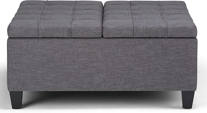 SIMPLIHOME Harrison Coffee Table Storage Ottoman - 36 inch Wide Upholstered Linen Look Fabric Square Lift-Top Ottoman in Slate Grey, Transitional Ottoman for Living Room with Hidden Storage