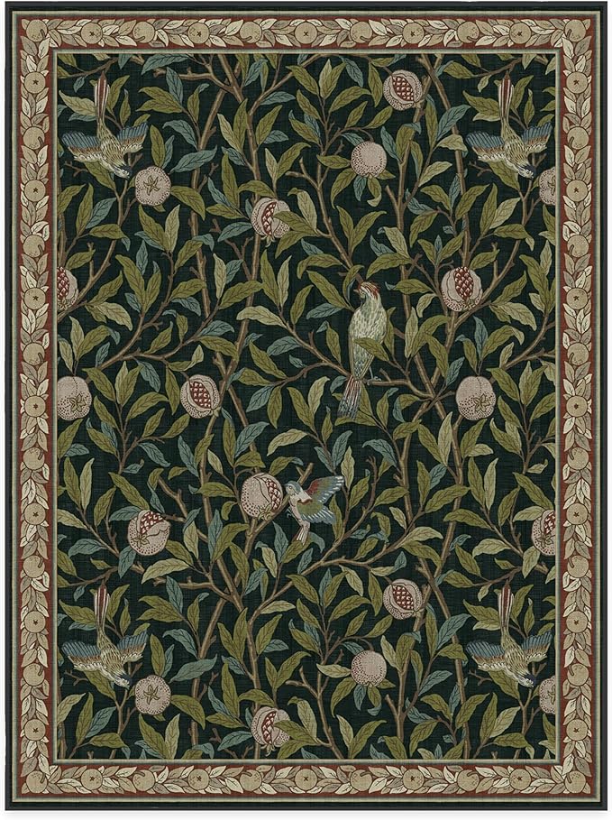 RUGGABLE x Morris & Co Washable Area Rug – Pomegranate Blue Green 9x12, Stain-Resistant, Non-Slip – Large Machine Washable Rugs for Living Room, Bedroom, Hallway, Entryway & Office–with Standard Pad