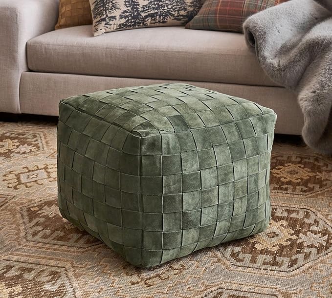 Luxury Handcrafted Suede Basketweave Pouf Ottoman – Soft & Durable Floor Cushion, Footrest, and Accent Seating for Living Room, Bedroom, & Office – Stylish Modern Home Décor (Hunter, 18" x 18" x 14")