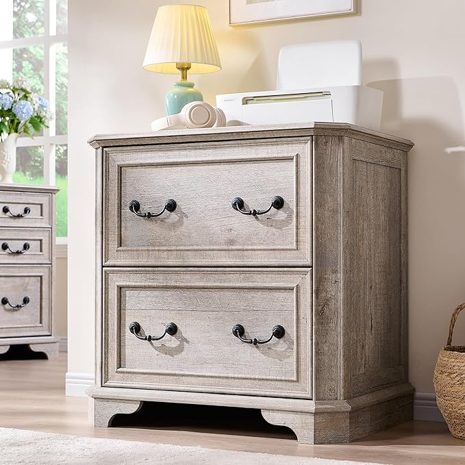 T4TREAM 34" Lateral File Cabinet with 2 Drawers, Farmhouse Filing Cabinet with 34" Wide Wooden Tabletop & Smooth Rails, Holds Letter/Legal, Hexagonal Design & Framed Drawer Fronts, Light Rustic Oak