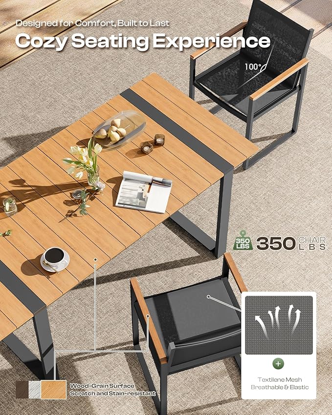 Outdoor Dining Set, Patio Table and Chairs Set, 7 Piece HDPS + Aluminum Patio Furniture Set with Umbrella Hole, Patio Dining Table Set (Gray-Teak)