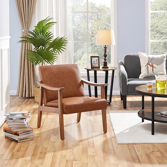 Yaheetech PU Leather Accent Chair, Mid-Century Modern Armchair with Solid Wood Legs, Reading Leisure Chair for Living Room Bedroom Waiting Room, Light Brown, Set of 2