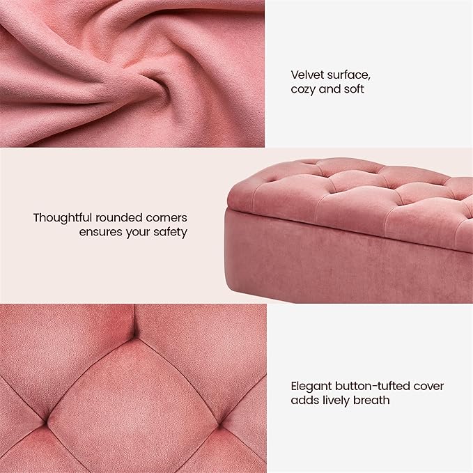 Yaheetech Ottoman with Storage, Velvet Entryway Bench with Safety Hinge, Upholstered Bench with Seating for Bedroom, Living Room, Holds up to 519 lb, Pink