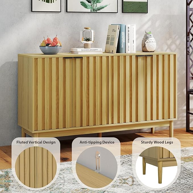 Buffet Cabinet with Storage, Sideboard Cabinet with Fluted Door, Kitchen Buffet Storage Cabinets with Adjustable Shelves, Sideboard Cabinets for Living Room, Entry, Hallway, Natural