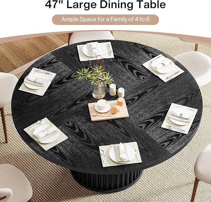 Tribesigns Round Dining Table for 4-6, 47-Inch Modern Circle Kitchen Table with Fluted Round Base, Farmhouse Wood Dinner Table for Dining Room, Kitchen, Living Room, Black
