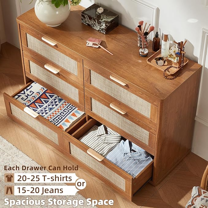 LEYAOYAO Rattan 6 Drawer Dresser for Bedroom, 48" Wide Boho Chest of Drawers, Wooden Dressers TV Stand with Metal Handle, Storage Closet Organizer for Living Room, Hallway, Tea Brown