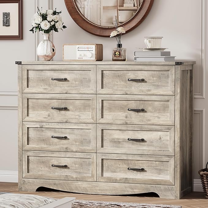 Dresser for Bedroom with 8 Drawers, 48" Wide Wood Chest of Drawers with Deep Drawers & Mental Handle, Modern Dresser TV Stand, Wooden Closet Storage Organizer for Living Room, Hallway, Entryway, Grey