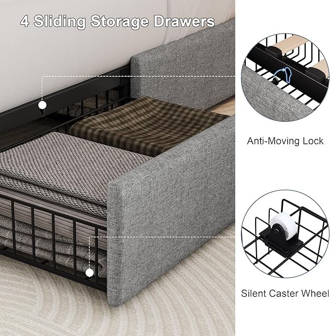 Full Size Upholstered Platform Bed Frame with 4 Storage Drawers and Charging Station, Linen Button Tufted Wingback Headboard, Sturdy Wooden Support Slats, No Box Spring Needed, Light Grey