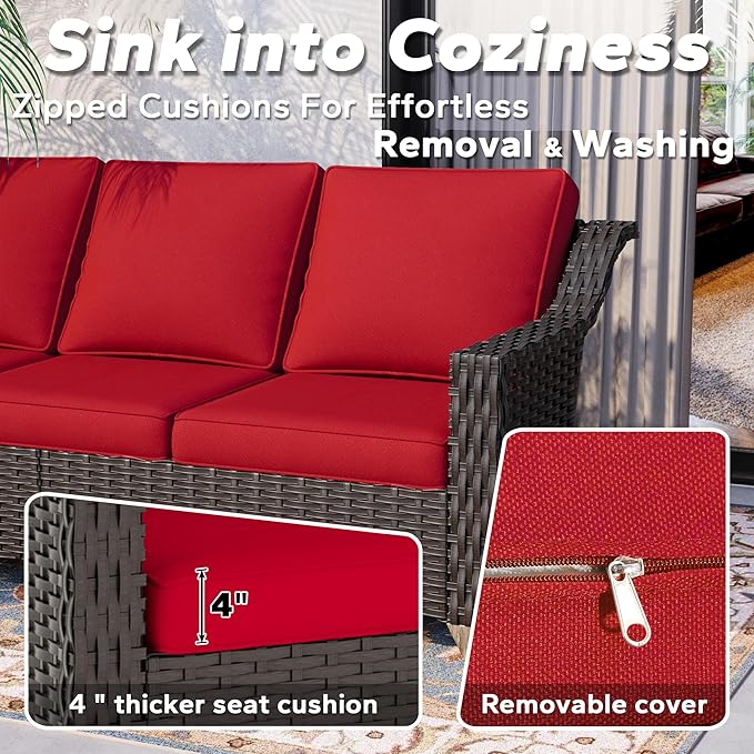 77'' Patio Sofa, All Weather Outdoor Rattan Wicker 3-Seat Sofa High Back Couch with Premium Cushions for Garden Backyard Porch(Brown/Red)