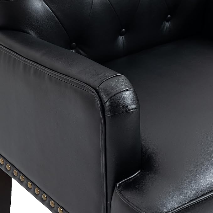 Pia Ricco PU Leather Accent Chair: Modern Nailhead Trim Armchair with Wooden Legs - Upholstered Reading Seat for Office, Living Room, Bedroom-Black