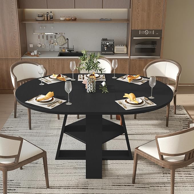 Aivermel 43.3‑59 in Extendable Oval Dining Table for 4‑6, Engineered Wood Round Dining Table with Hidden Extension Storage &Bottom Shelf, Space‑Saving Modern Kitchen Living Room Tables (Vintage Black)