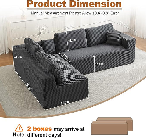 106" Cloud Modular Sectional Sofa Couch,L-Shape Modern Boneless Sectional Couch with Deep Seat,Upholstered Couches for Living Room Bedroom,No Assembly Required,Grey