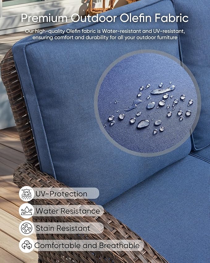 HUMMUH Outdoor Patio Couch-Outdoor Rattan Couch with Thick Cushions Outdoor Sofa for Deck Lawn Porch Balcony Poolside-Brown/Blue