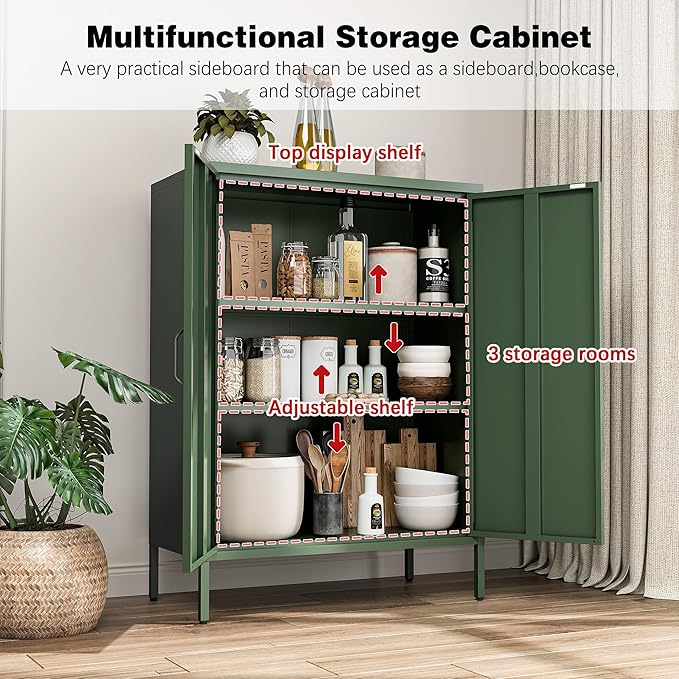 Green Metal Locker Cabinet with 2 Doors, Metal Accent Cabinets with 2 Adjustable Shelves Home Office Storage Lockers Sideboard for Kitchen Living Room Hallway Entryway