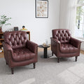 UIXE Faux Leather Accent Chair for Living Room, Tufted Arm Chair Retro Upholstered Club Armchair with Solid Wood Legs - Dark Red, Set of 2