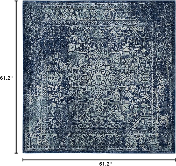 SAFAVIEH Evoke Collection Area Rug - 5'3" Square, Navy & Ivory, Distressed Design, Non-Shedding & Easy to Clean, Ideal for Living Room, Bedroom, Dining Space (EVK256A)