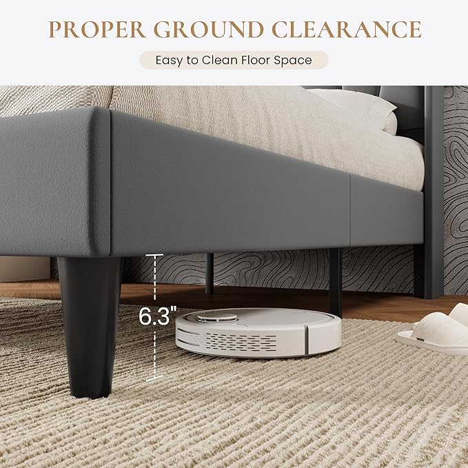 SHA CERLIN Queen Bed Frame with Charging Station and LED Lights, Modern Velvet Platform Bed with Upholstered Geometric Wingback Headboard, No Box Spring Needed, Easy Assembly, Grey
