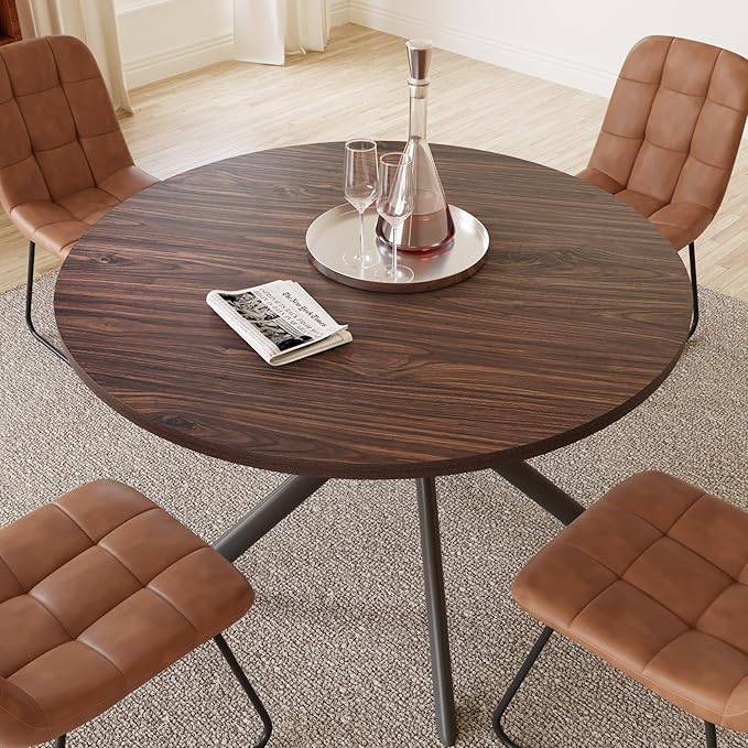 45.3 Inch Round Dining Table Set for 4, Mid Century Modern Small Coffee Set for Dining Room Kitchen Apartment (Dark Walnut Table + 4 U-Shaped Brown Chairs)