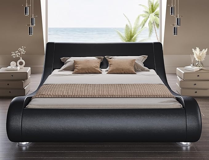 SHA CERLIN Full Size Upholstered Bed Frame, Deluxe Low Profile Sleigh Bed with Faux Leather Ergonomics Headboard, No Box Spring Needed & Easy Assembly, Black