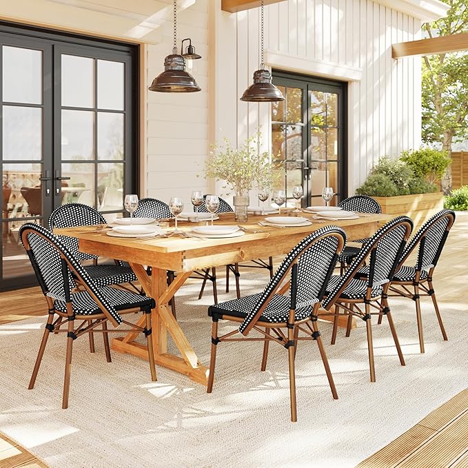 Martha Stewart Lily Pond Indoor-Outdoor Stackable Bistro Chairs with Natural Woodgrain Aluminum Frame Finish, Black/White Woven Rattan Backrests/Seats, Set of 2