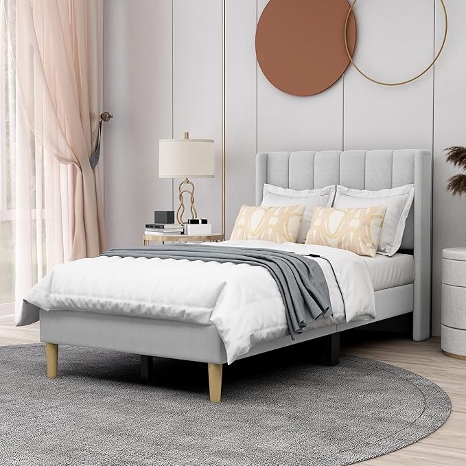 AGARTT Upholstered Platform Bed Frame Twin Size with Headboard and Footboard/Wooden Slats Support/No Box Spring Needed/Easy Assembly,Light Grey Linen