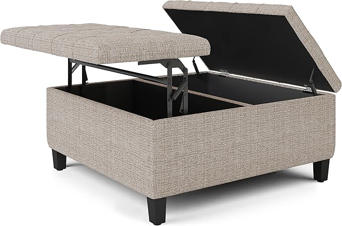 SIMPLIHOME Harrison Coffee Table Storage Ottoman - 36 inch Wide Upholstered Tweed Look Fabric Square Lift-Top Ottoman in Platinum, Transitional Ottoman for Living Room with Hidden Storage