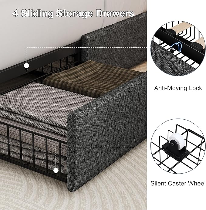 Full Size Upholstered Platform Bed Frame with 4 Storage Drawers and Charging Station, Linen Button Tufted Wingback Headboard, Sturdy Wooden Support Slats, No Box Spring Needed, Dark Grey