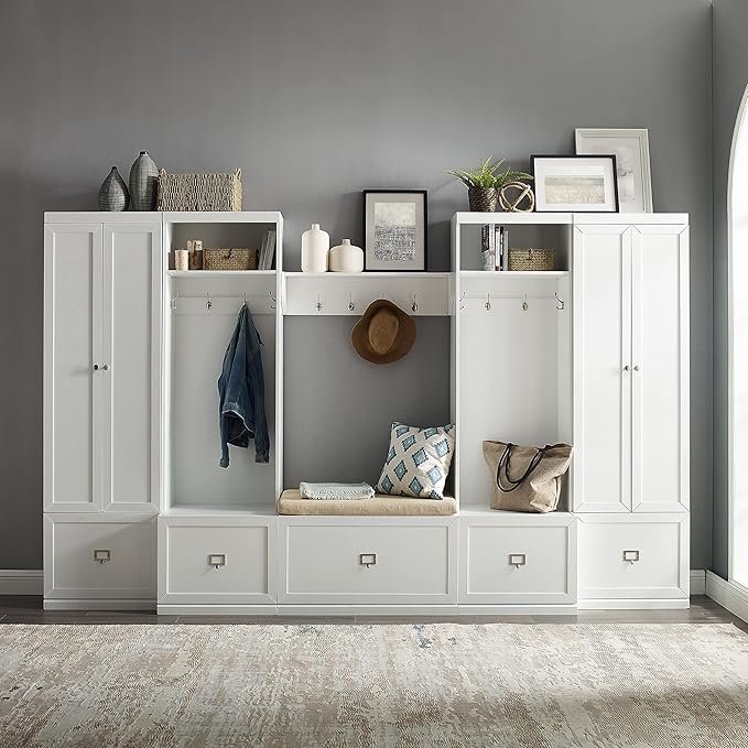 Crosley Furniture Harper 6-Piece Hall Tree, Storage Cabinet, Shoe Rack Bench, and Wall Shelf Set with Hooks, White